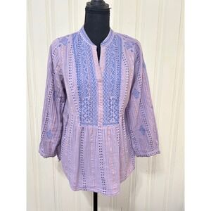 J Jill Womens XS Lavender Gauze Embroidered Boho Peasant Tunic Blouse Top Purple